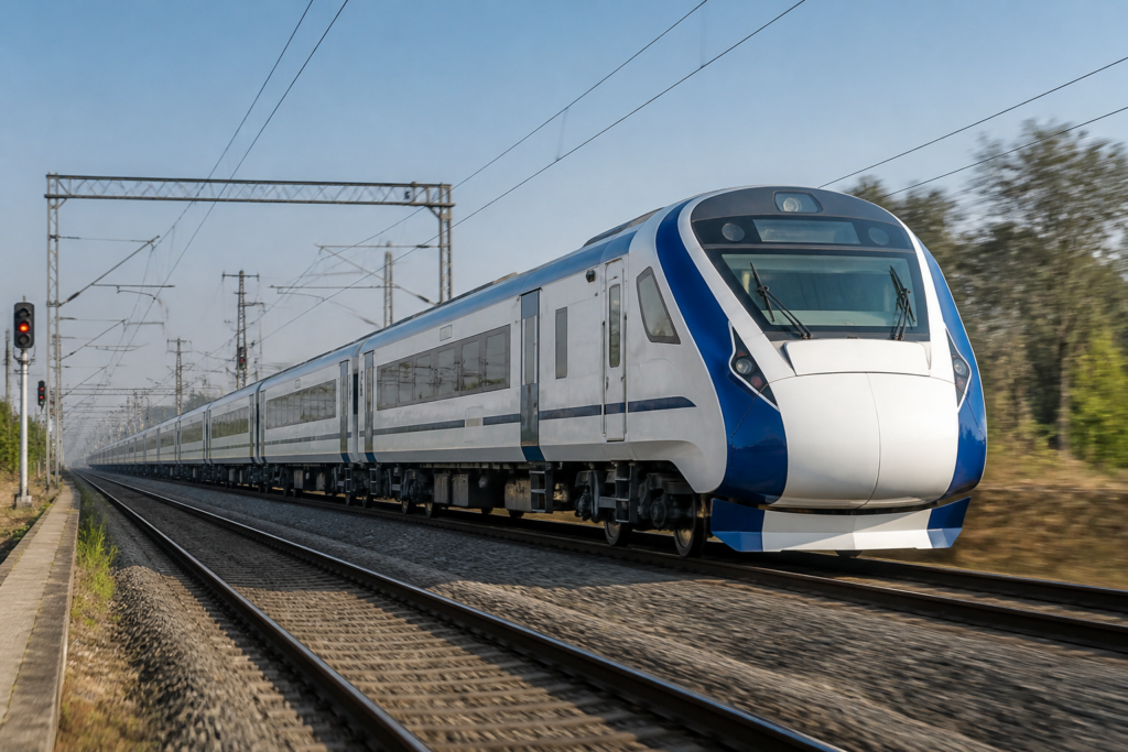 Vande Bharat production train set undergoing a high-speed railway trial