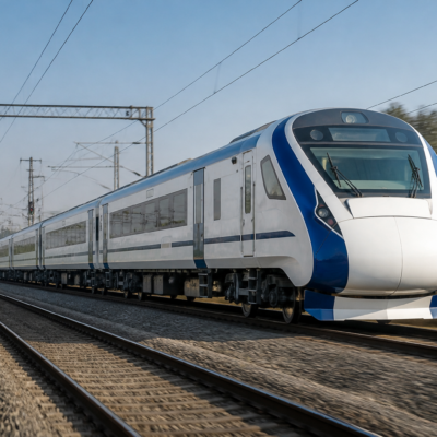 Vande Bharat production train set undergoing a high-speed railway trial