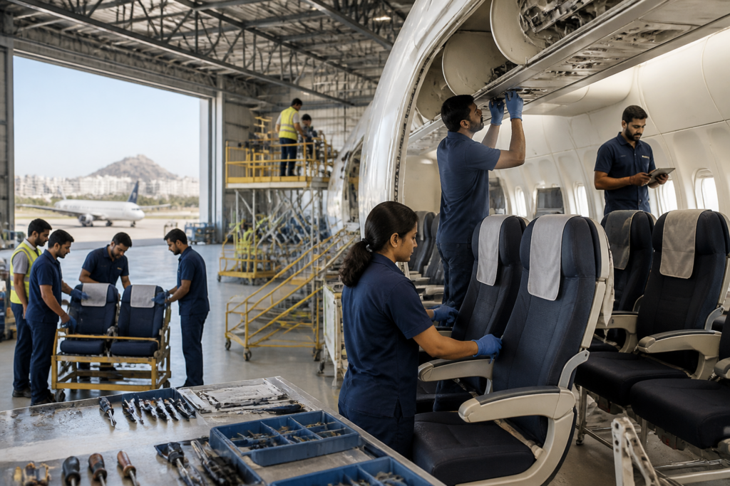 GMR Aero Technic aircraft MRO facility in Hyderabad supporting cabin interior services