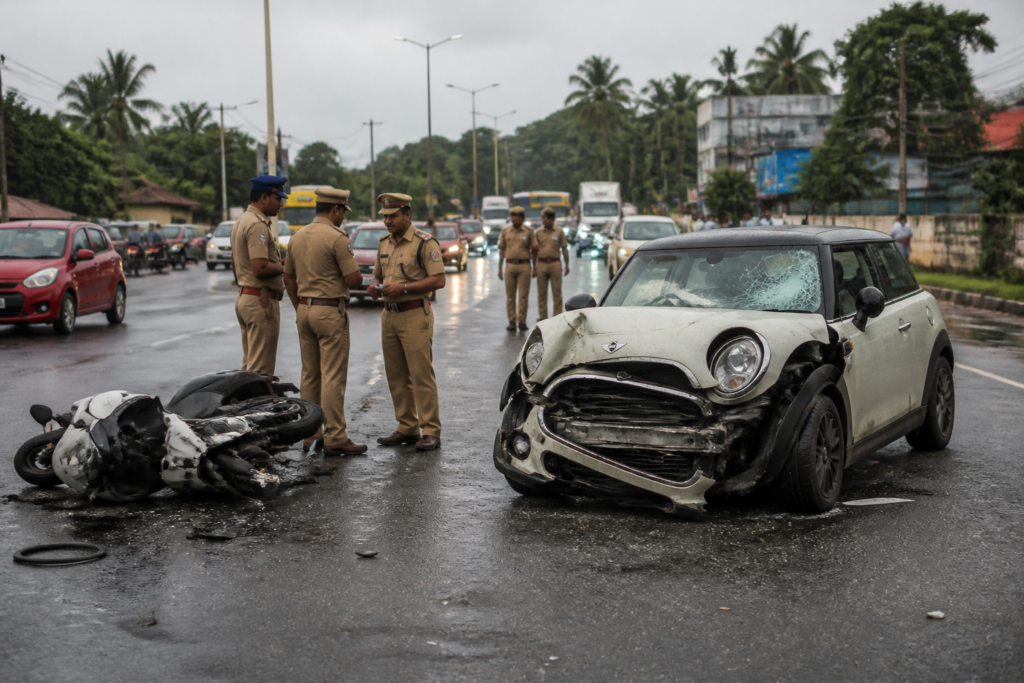 Police investigation near the site of the Mini Cooper crash near Kochi