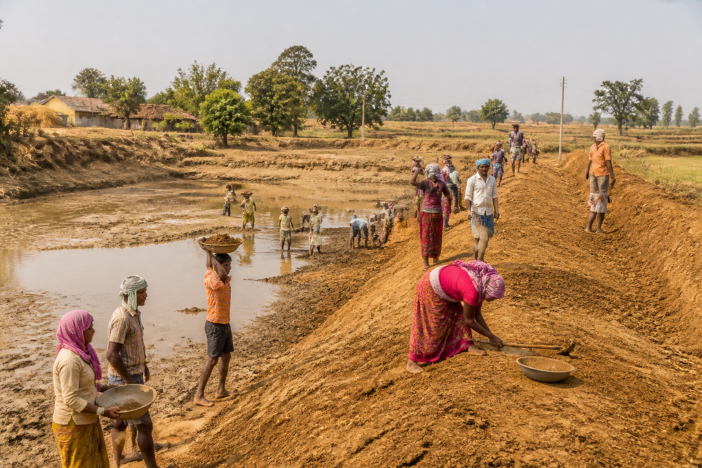 VB-G RAM G Karnataka workers building rural infrastructure and restoring a village water body