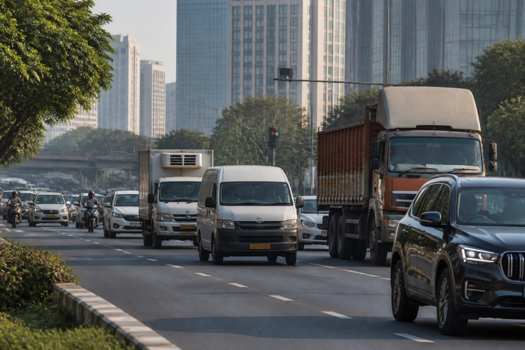 BS-VII emission norms represented by cars and commercial vehicles on an Indian city road