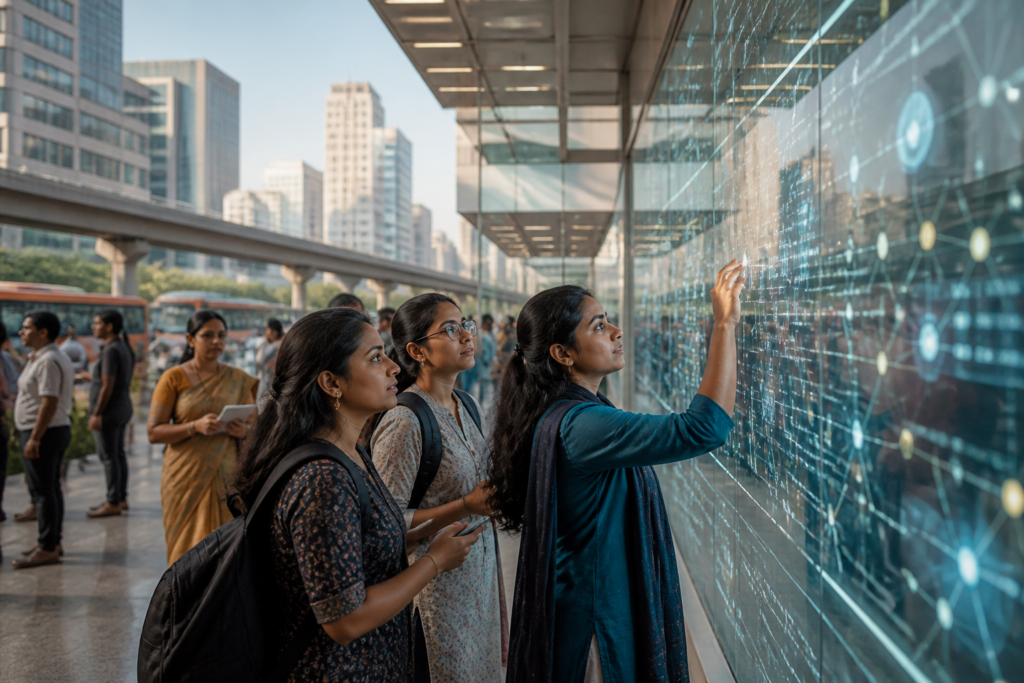 AI gender inequality in India shown through women working around a digital public-service interface