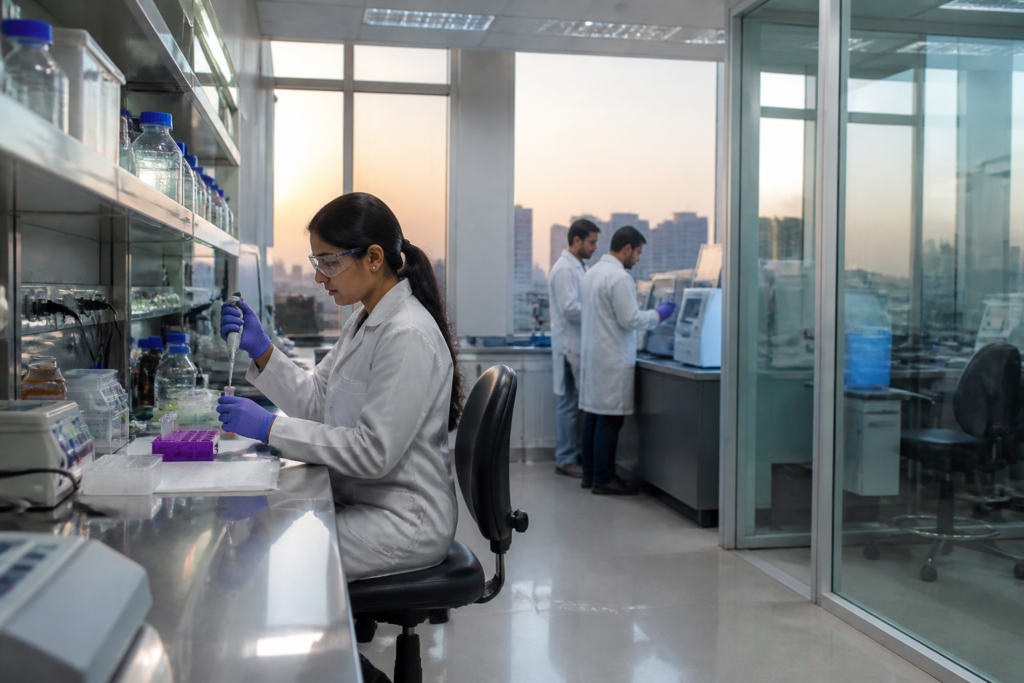 Animal testing rules shown through a Hyderabad pharmaceutical laboratory with research equipment.