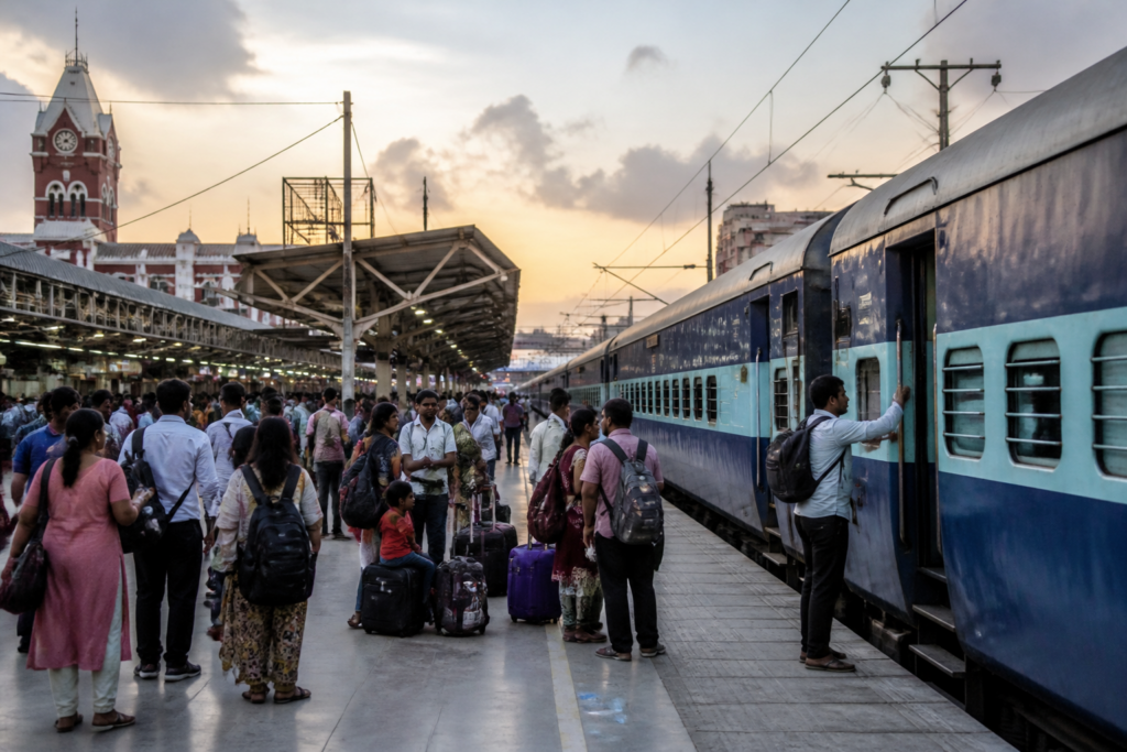 Tamil Nadu special trains at a busy railway station during the Ayudha Puja holiday period