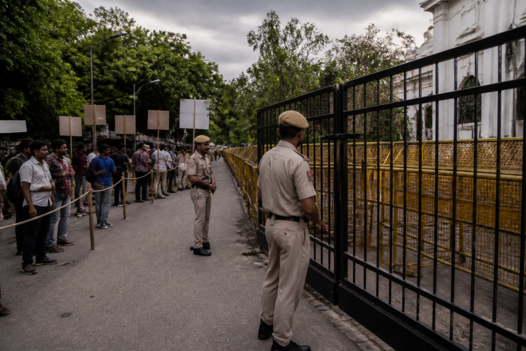 Delhi Police personnel outside the barricaded Jantar Mantar protest area in New Delhi