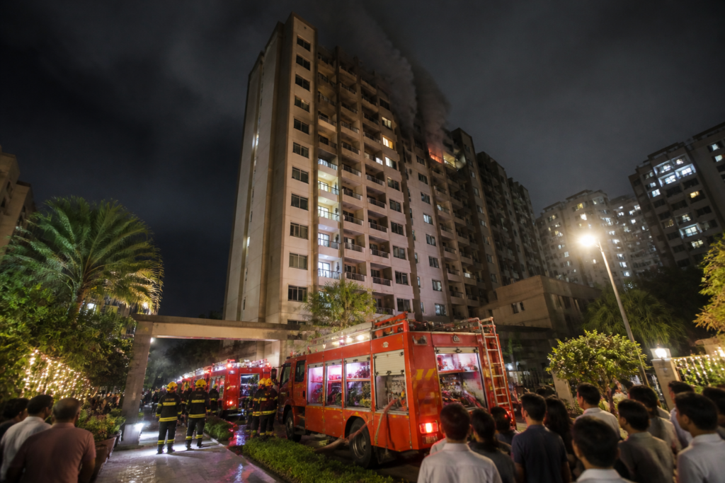 Firefighters respond to the Nalasopara building fire at a high-rise residential society