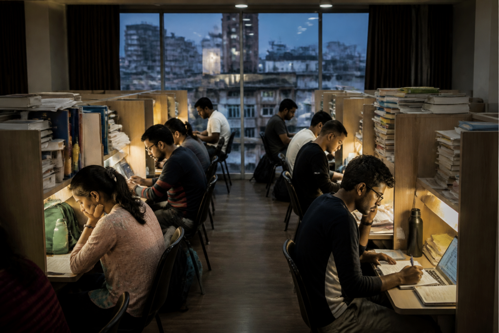 MPSC aspirants studying in a Pune library amid rising exam delays and living costs