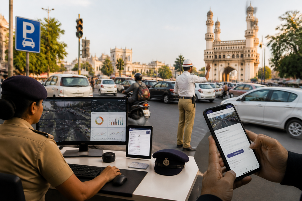 Hyderabad Traffic Police website showing citizen complaint and parking zone services