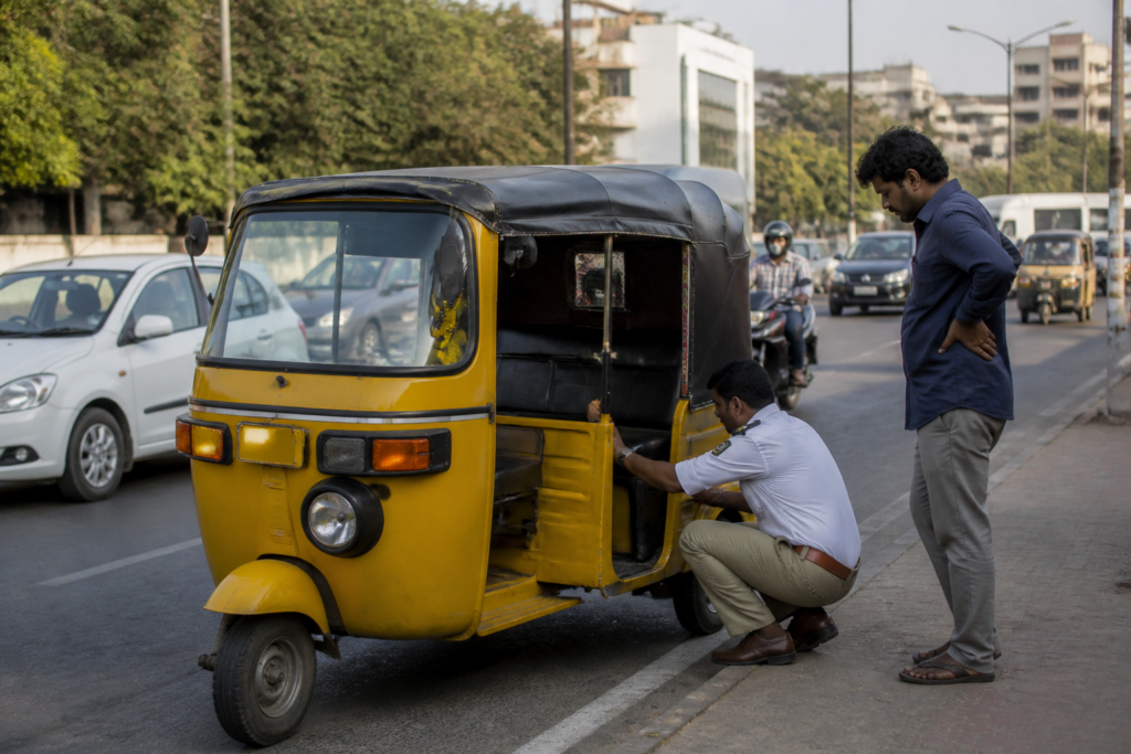 Hyderabad distracted driving warning showing an autorickshaw driver using phones and headphones