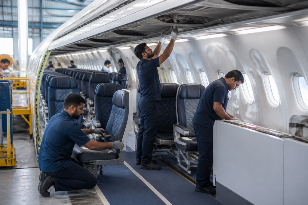 Aircraft cabin centre Hyderabad partnership represented by an aircraft interior workshop