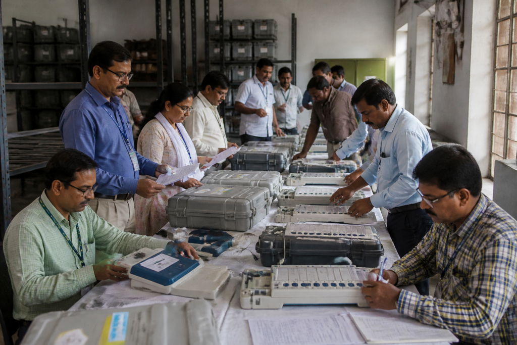 West Bengal municipal elections and EVM preparations at a polling facility