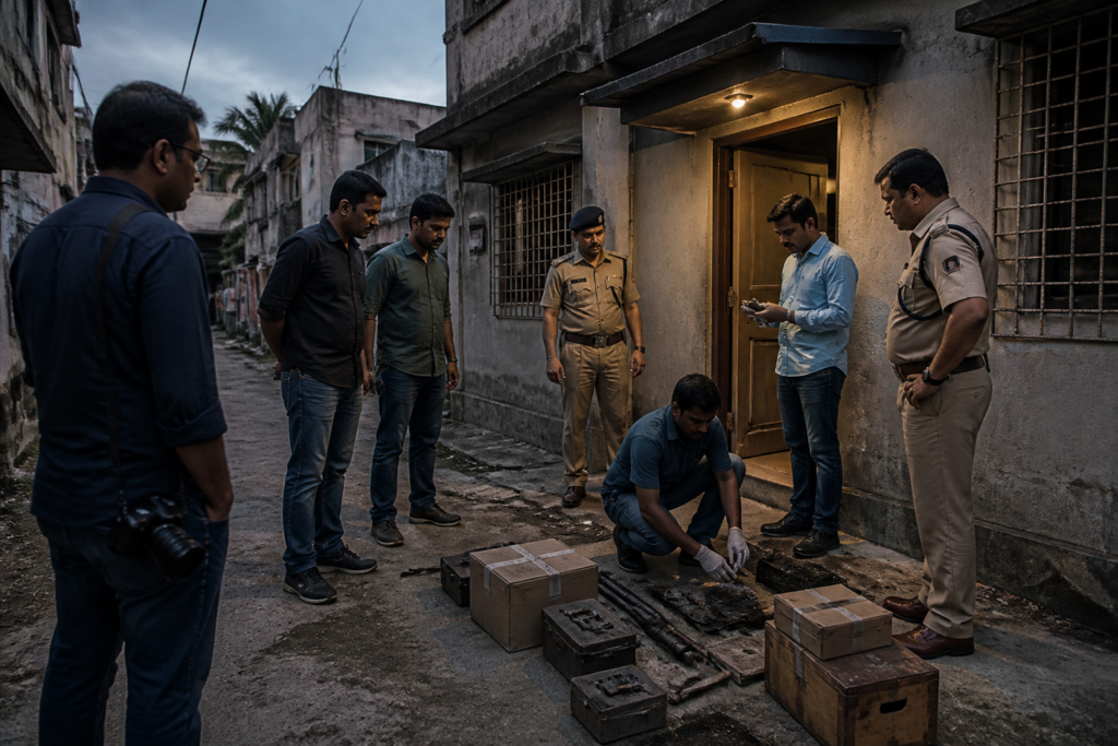 Nadial arms factory raid scene showing seized weapons and tools in a Kolkata residential area