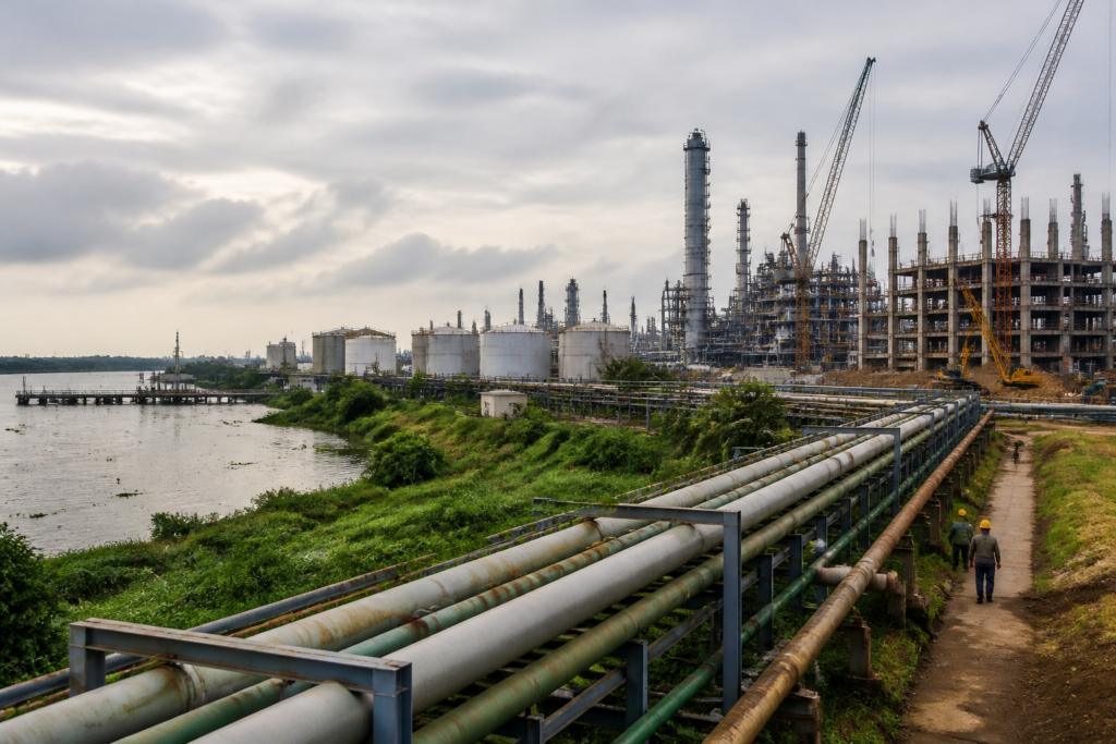Haldia investment site with industrial chemical facilities and construction activity in West Bengal