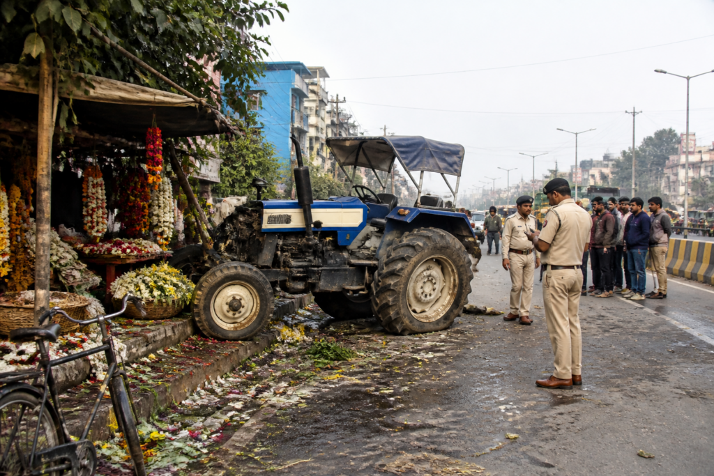Bardhaman road accident site near GT Road with a tractor and roadside flower shops
