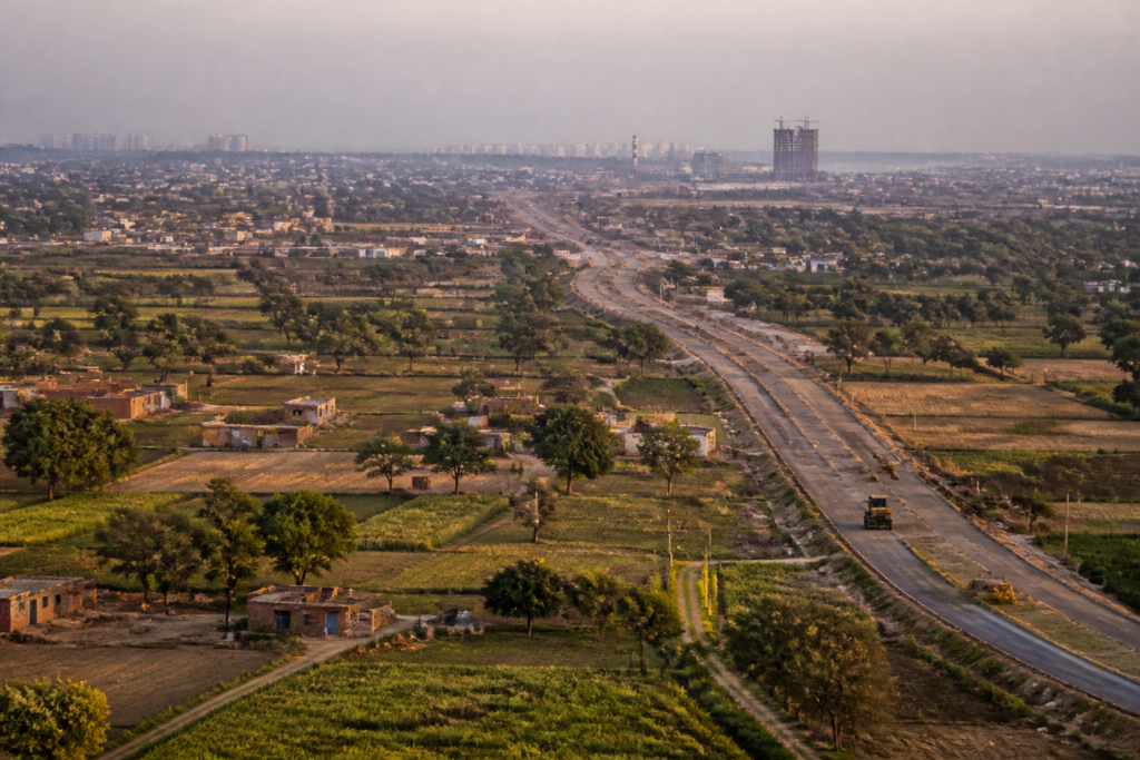 New Noida development area with village land, roads and planned urban expansion