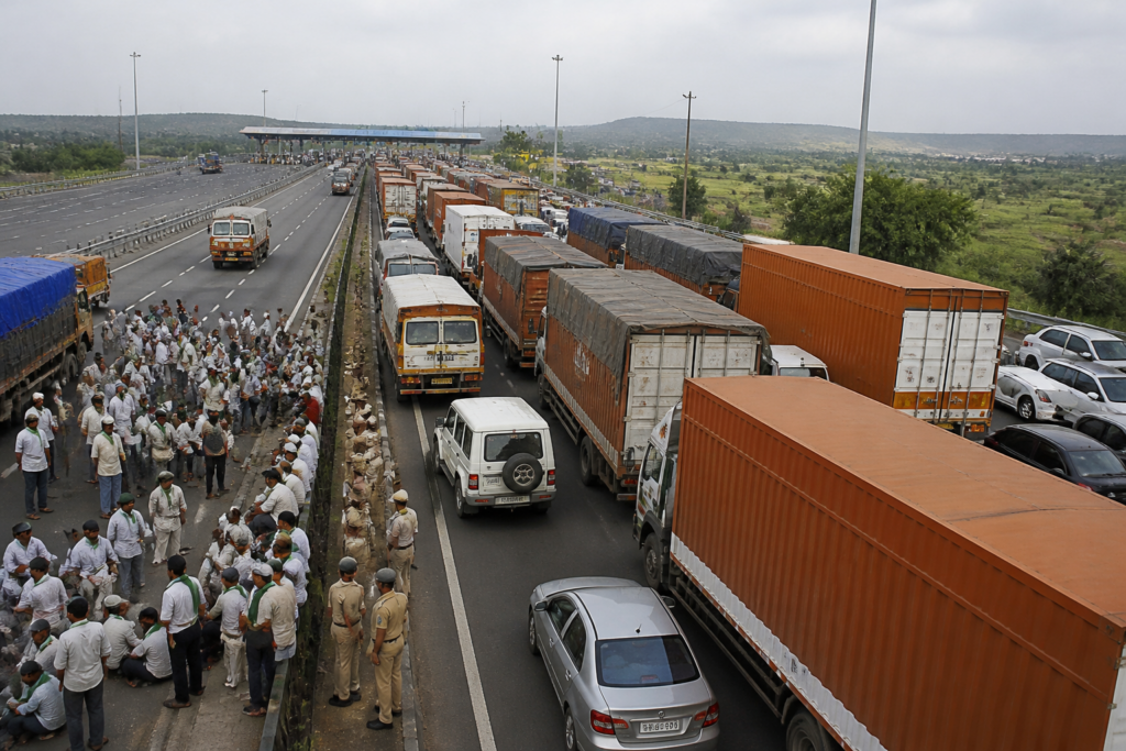 Traffic halted on the Mumbai-Bengaluru Highway near the Kognoli toll plaza during a farmers protest.