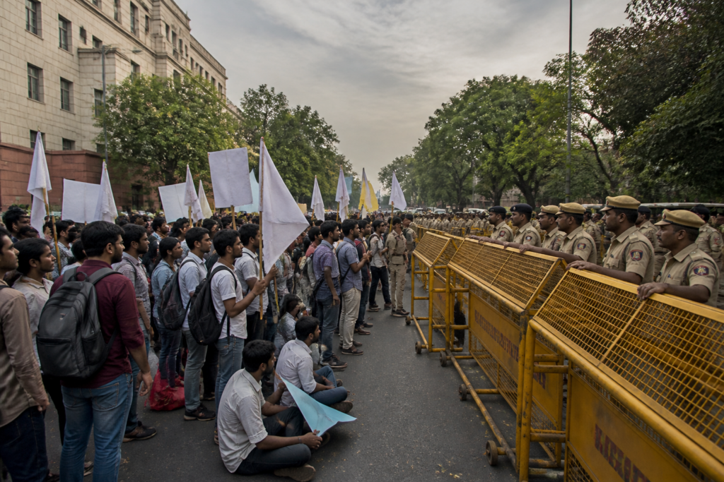 Jantar Mantar protest marchers stopped behind police barricades in central Delhi