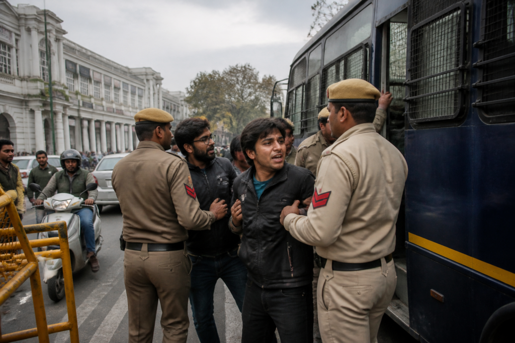 Delhi Police assault allegations after an NSUI protest detention in central Delhi