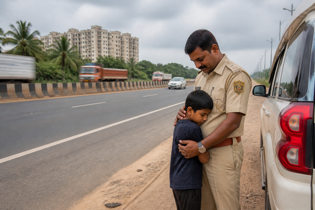 Police vehicle near NH-16 after a child was rescued near Pahala, Odisha