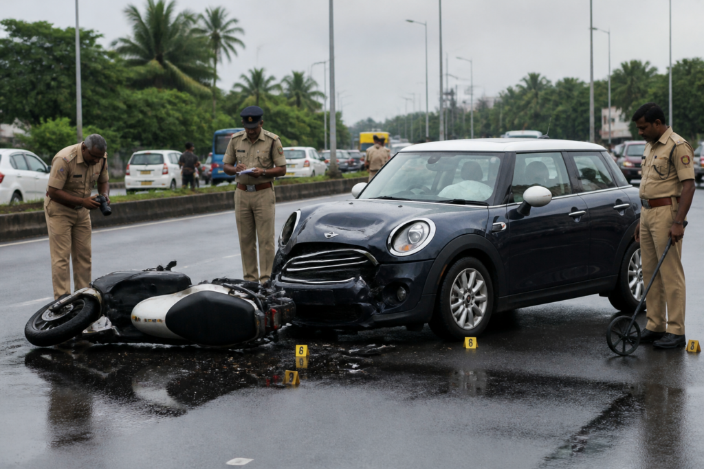 Police investigation at the site of the Kochi Mini Cooper crash near Nedumbassery