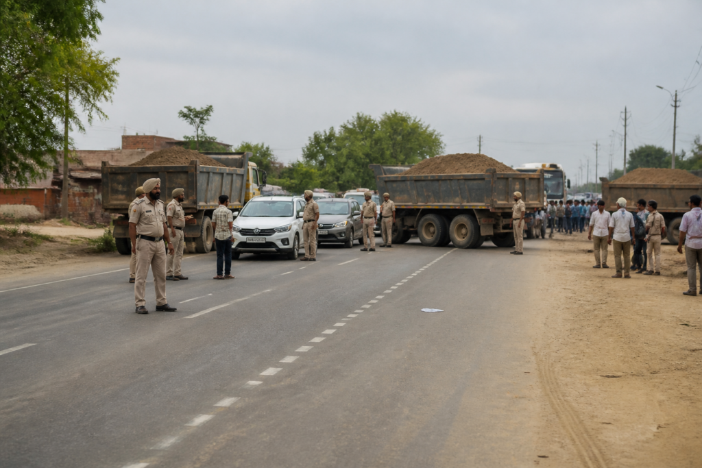 Mansa road barricading with trucks and police restricting traffic on a Punjab road