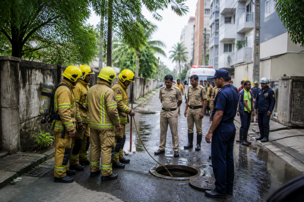 Septic tank safety incident in Pallikaranai, Chennai, with emergency responders near an apartment complex