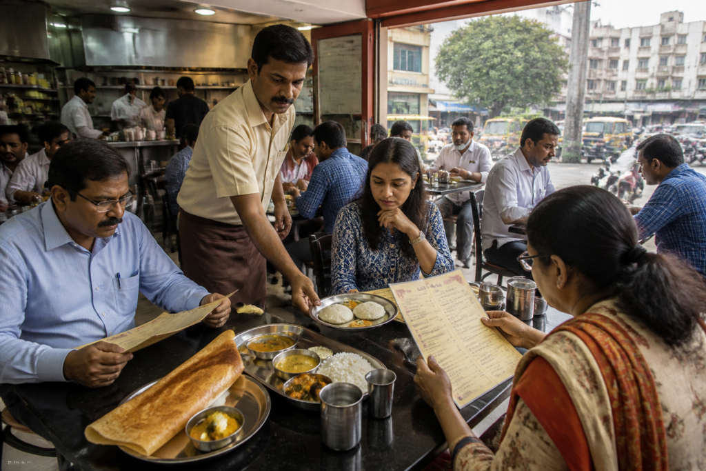 Mumbai restaurant prices displayed on a menu beside an idli and dosa meal
