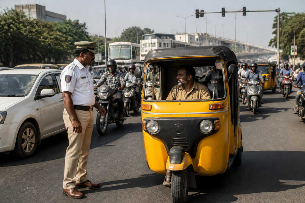 Hyderabad road safety enforcement near an auto-rickshaw on a busy city road