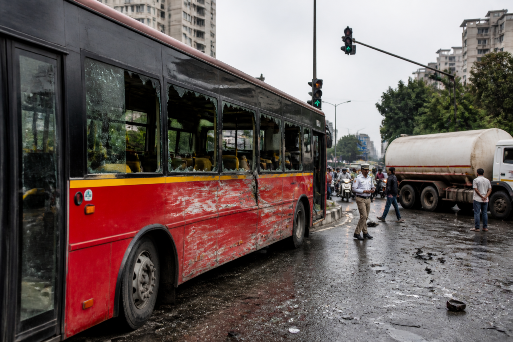 Damaged BEST bus after a tanker crash at Cheda Nagar Junction in Mumbai
