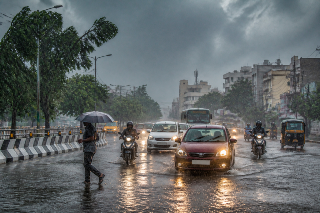 IMD weather alert showing rain clouds over an Indian city street