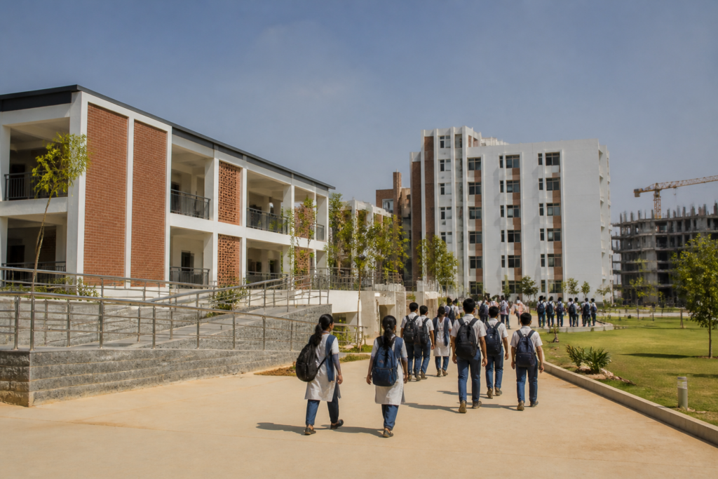 Telangana school infrastructure campus with students and new public education facilities