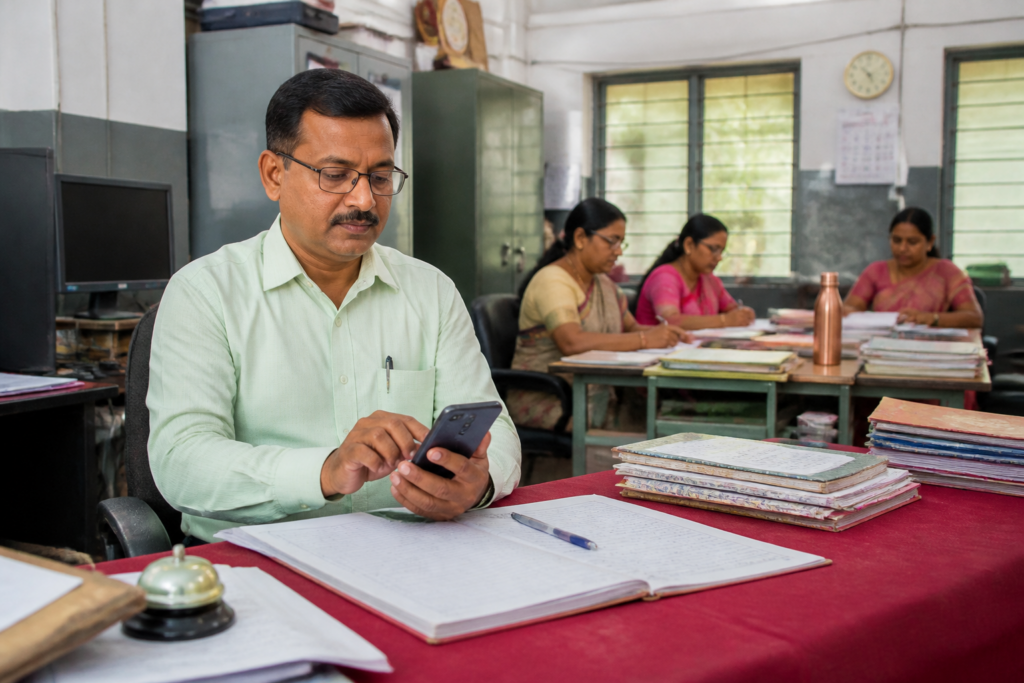 Maharashtra smart attendance system being used to record teacher attendance at a school