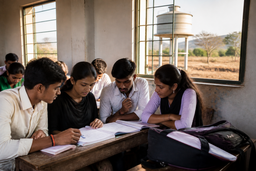 Maharashtra drought-affected students studying in a rural college classroom