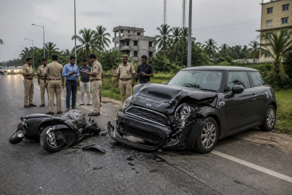 Police investigate a fatal Mini Cooper crash near Nedumbassery, Kochi