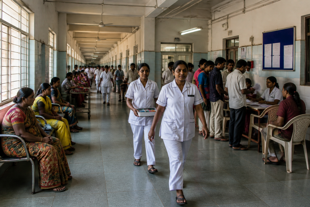 Tamil Nadu nurse recruitment process at a government hospital, representing the minister's bribery warning