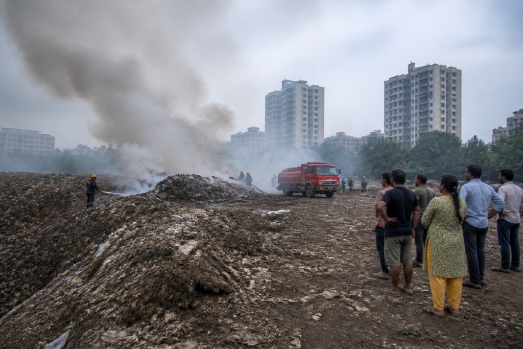 Smoke rising from the Mahaluge bio-waste fire near Pune homes