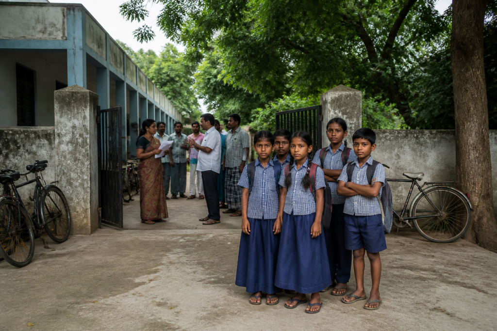 Tamil Nadu school students outside a school building amid a disciplinary policy inquiry