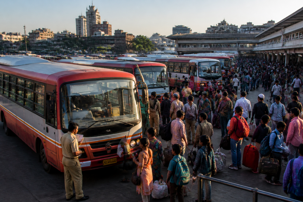 Pune ST buses at a crowded bus stand during the Diwali travel rush