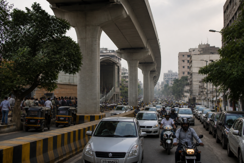Pune metro pillars narrowing a busy road near Pimpri-Chinchwad amid traffic congestion