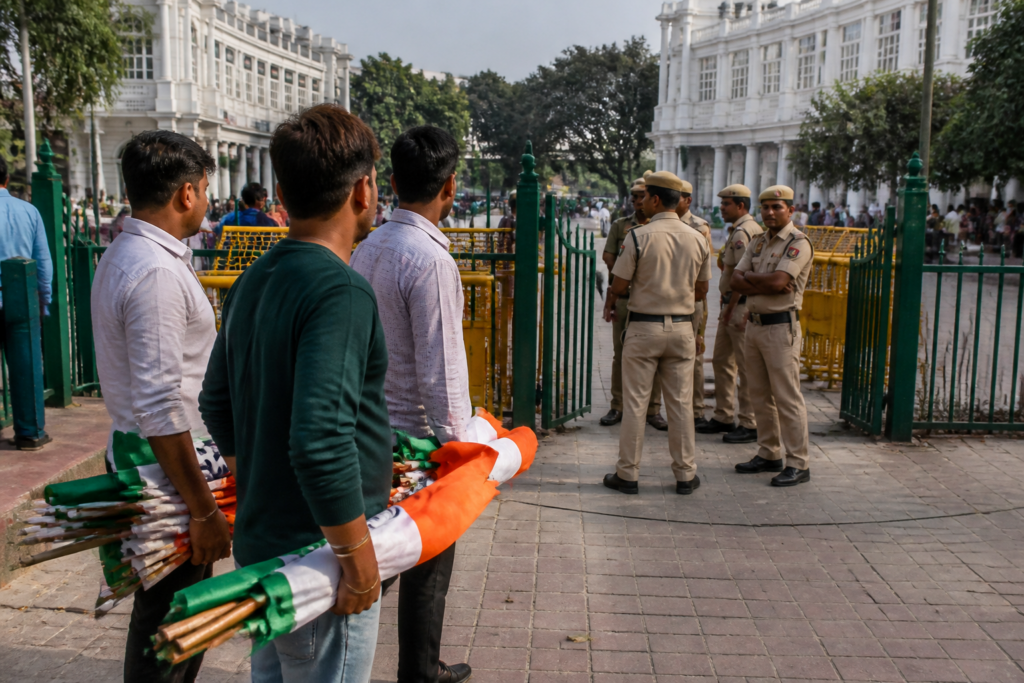 Tiranga March Delhi supporters near Connaught Place amid heightened police restrictions