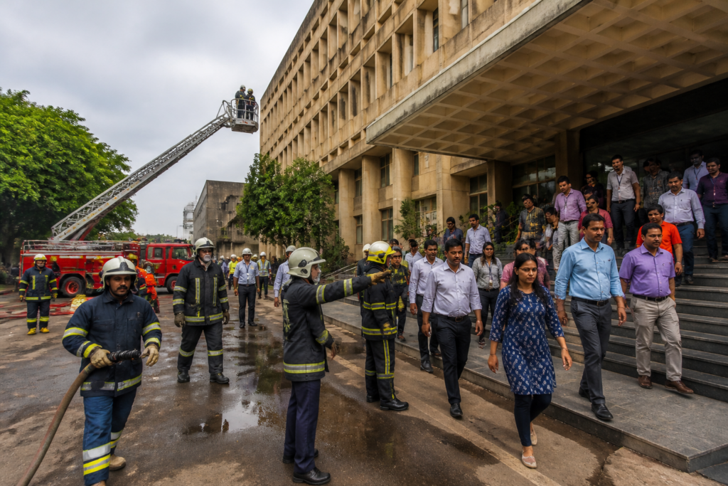 Pune PMC mock drill with firefighters conducting an emergency evacuation at the civic headquarters
