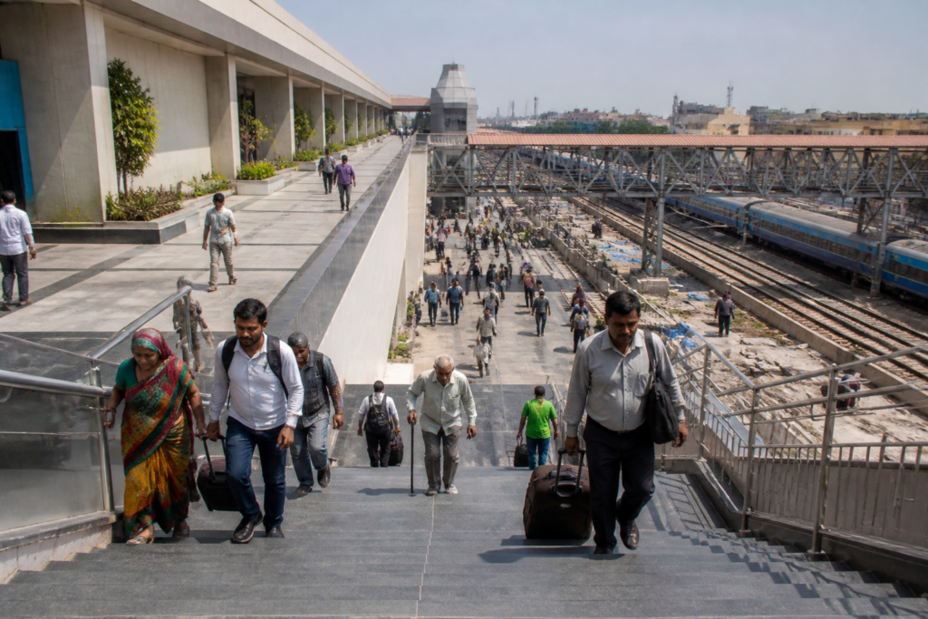 Ahmedabad Kalupur Railway Station redevelopment building with stair access to platforms