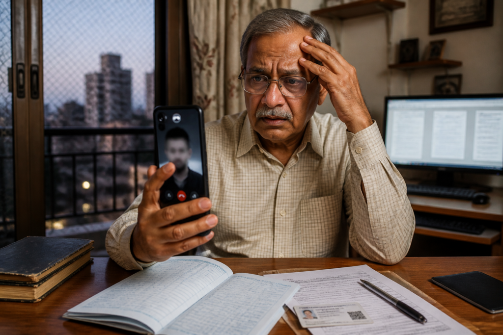 Cyber fraud warning on a smartphone beside online banking documents