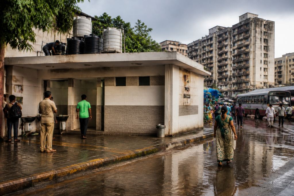 Mumbai public toilets in a dense urban neighbourhood, showing a pay-and-use civic sanitation facility.