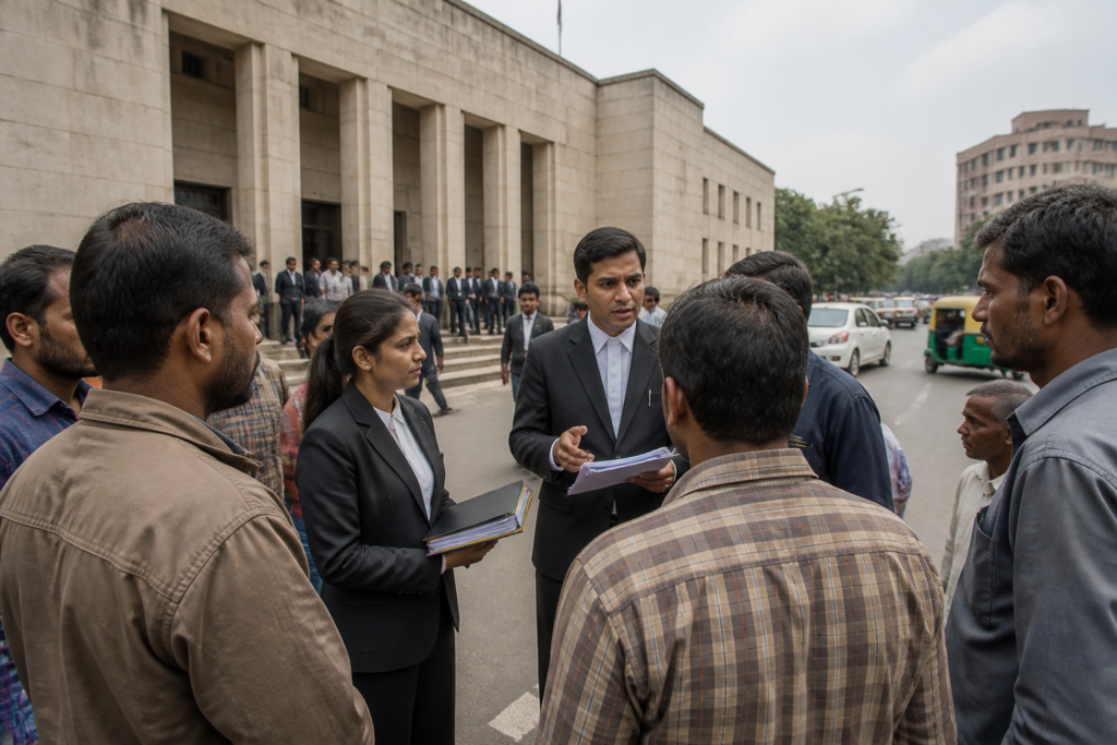 Gujarat labour code protest outside a labour court with lawyers and workers gathered