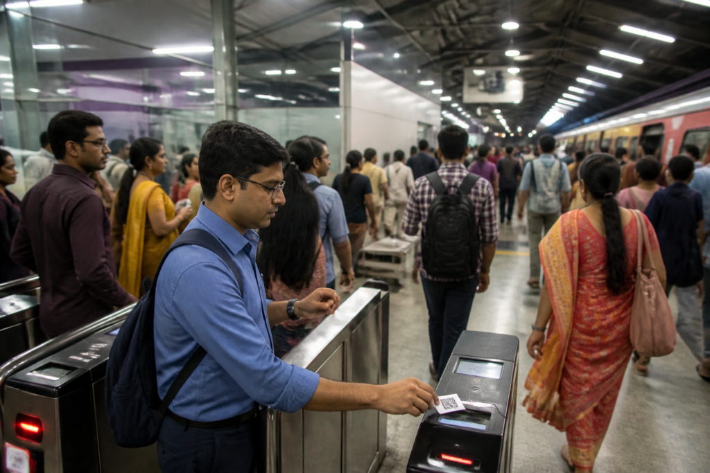Kolkata Metro station with commuters during the Durga Puja travel rush