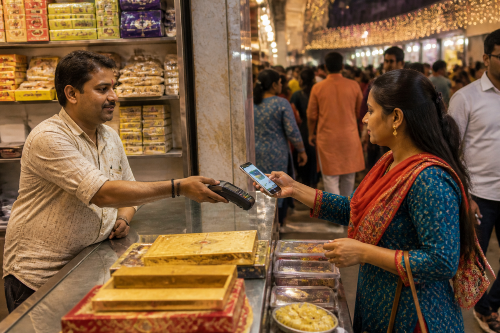 UPI MDR charge concerns displayed through a digital payment at an Ahmedabad retail shop