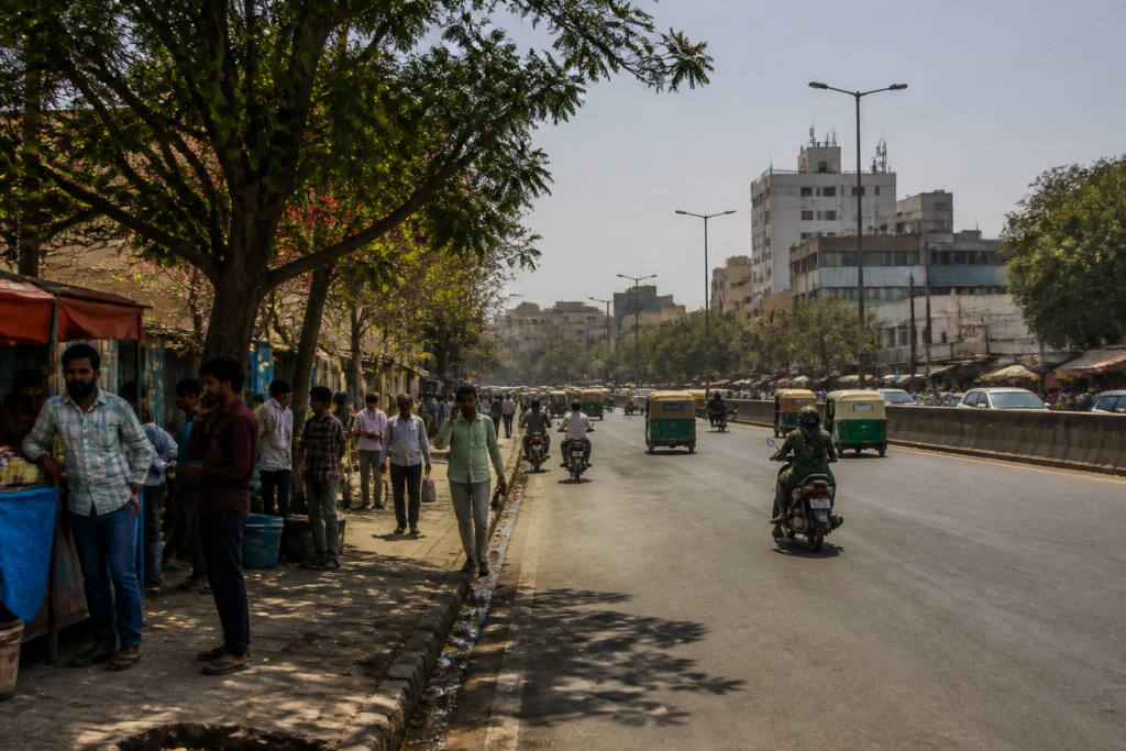 Ahmedabad weather during a hot October afternoon with hazy skies and busy city streets
