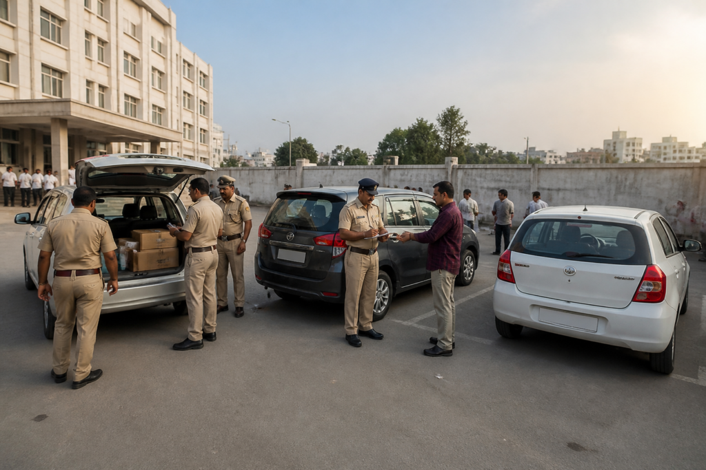 Ahmedabad liquor seizure involving vehicles parked outside a hospital in Bavla